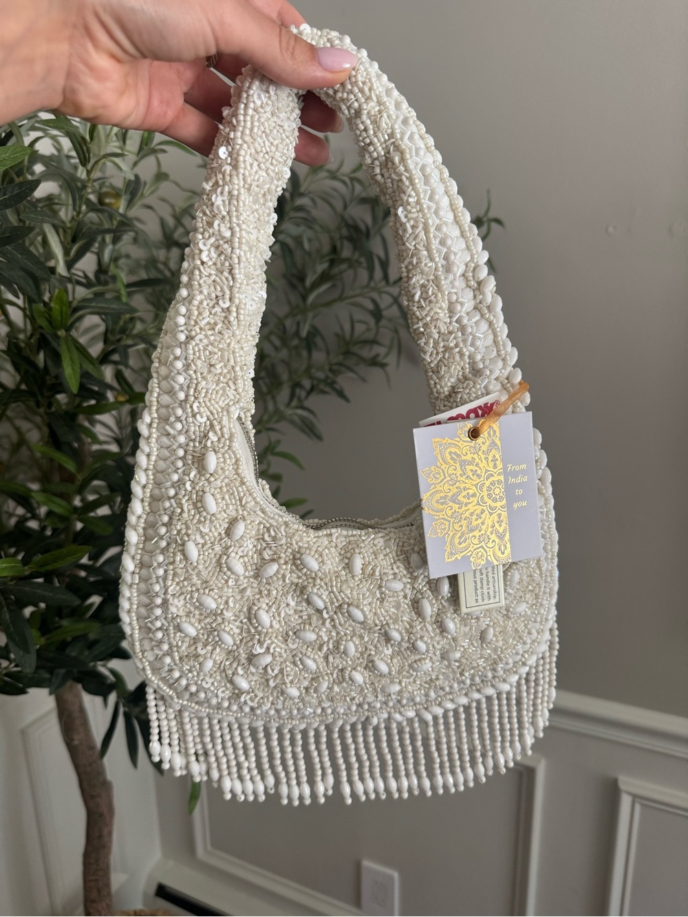 Made in India White beaded purse with beaded fringe